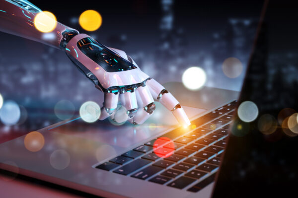 Robotic cyborg hand pressing a keyboard on a laptop 3D rendering